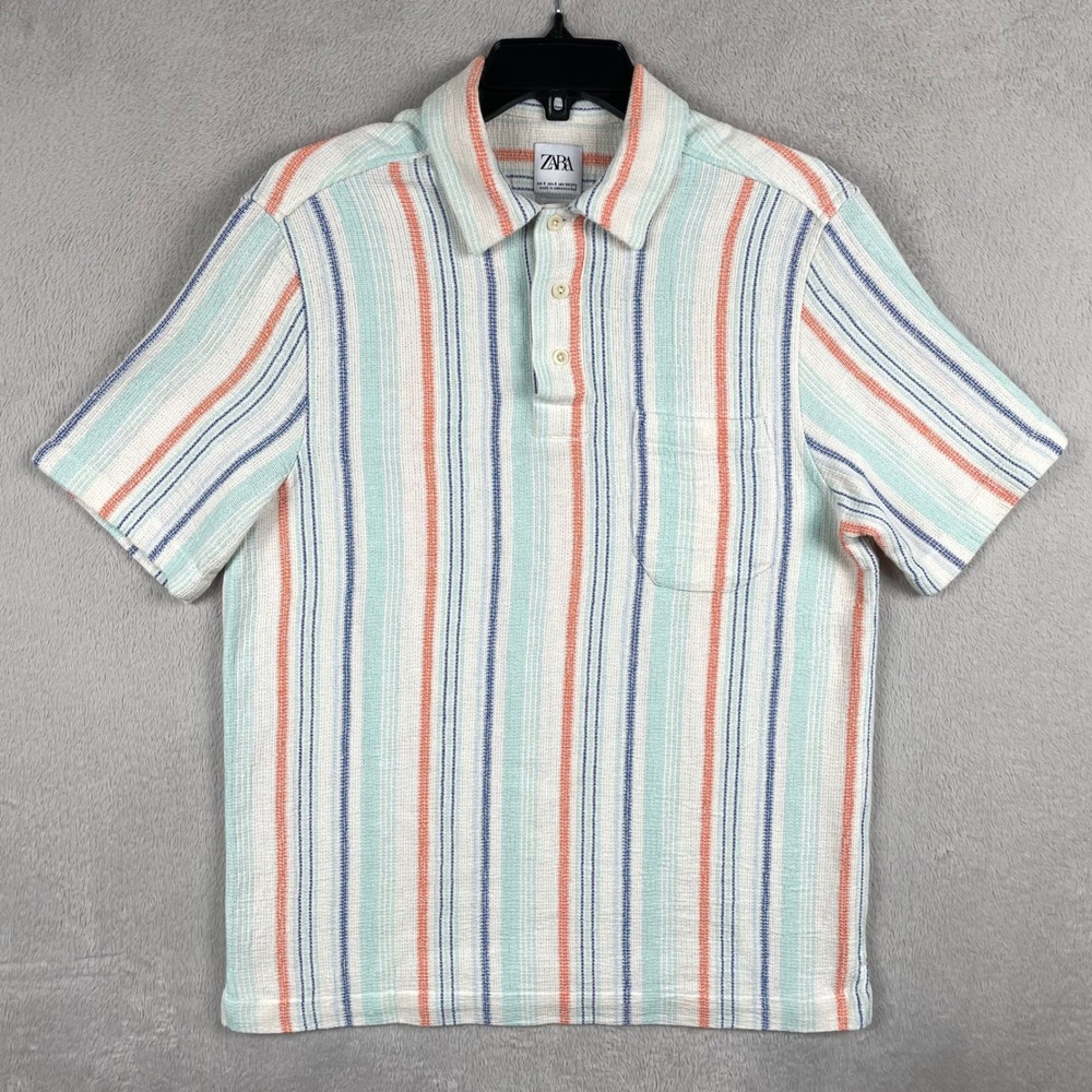 Zara Knit Polo Shirt Mens Small Multicolor Striped Relaxed Fit Short Sleeve